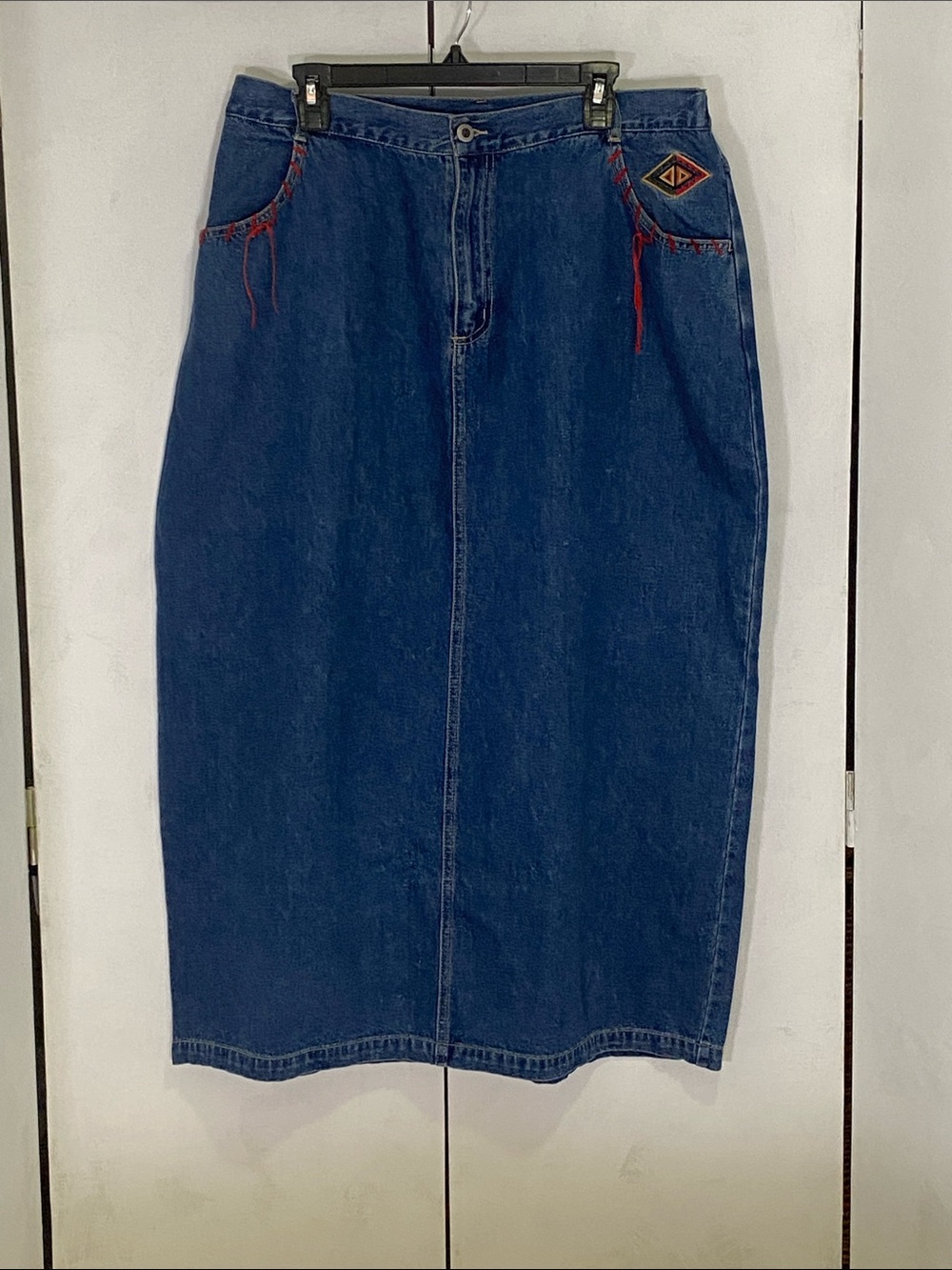 Dark Blue Denim Pencil Skirt with Red Stitching
